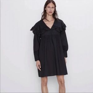 NEW with Tag Zara Peter Pan Collar Poplin Lace Dress Black Medium